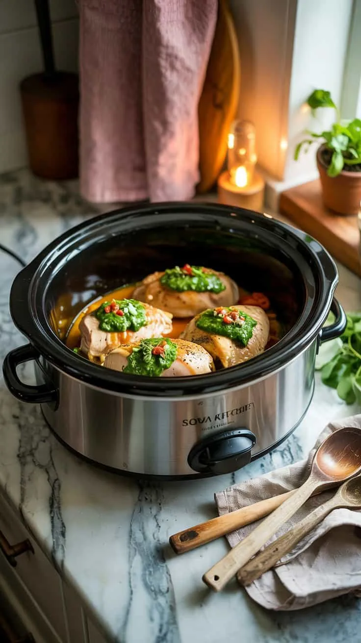 A photograph of a slow cooker sitting on a cool, grey marble kitchen countertop. Inside the slow cooker, tender chicken breasts are being layered with vibrant green salsa verde and sprinkled with a colorful mix of seasonings including paprika and oregano. Next to the slow cooker are a pair of weathered wooden spoons and a folded linen dish towel, all bathed in the warm glow of a nearby window illuminating the cozy kitchen. Soft, diffused light creates a welcoming atmosphere, highlighting the textures of the marble and the rich colors of the ingredients.