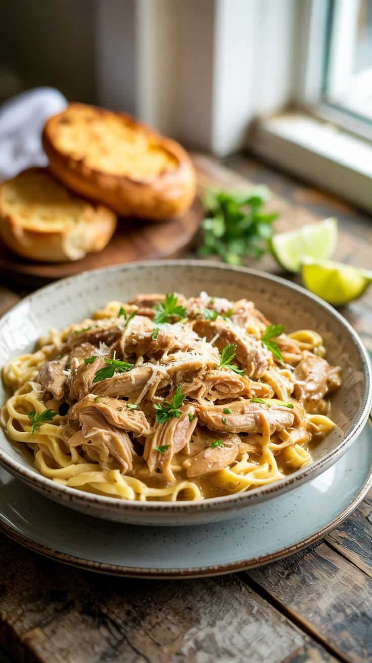 A photograph of a slow cooker chicken Marsala pasta served in a shallow white ceramic bowl. The pasta dish features tender shredded chicken enveloped in a creamy Marsala sauce with perfectly cooked egg noodles, generously sprinkled with grated Parmesan cheese and a vibrant garnish of freshly chopped parsley. The bowl rests on a weathered rustic wooden table alongside a golden-brown garlic bread and a few bright green lime wedges, creating an inviting and comforting scene. Soft, natural light streams from a nearby window, illuminating the dish and highlighting the rich colors and textures of the meal.