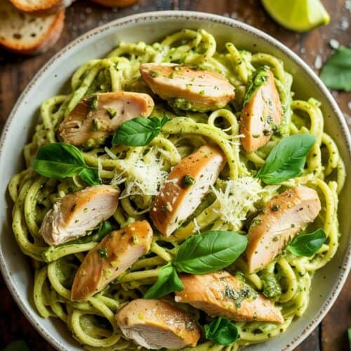 A photograph of a shallow white ceramic bowl brimming with creamy chicken pesto pasta, invitingly displayed from a top-down perspective. The pasta is generously coated in a vibrant green pesto sauce with visible chunks of tender chicken, scattered with freshly shredded Parmesan cheese, and a delicate dusting of black pepper. Surrounding the bowl on a rustic wooden table are a few golden-brown garlic bread slices and a bright green lime wedge. Soft, natural light illuminates the scene, highlighting the textures and creating a warm, appetizing atmosphere.