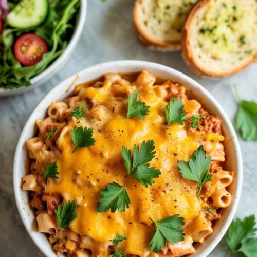 A photograph of a white ceramic bowl filled with slow cooker ground turkey pasta bake, presented from a top-down perspective. The pasta bake features a generous layer of melted cheddar cheese, bright green fresh parsley, and a subtle sprinkle of black pepper, creating a comforting and flavorful appearance. Next to the bowl sits a slice of golden garlic bread and a vibrant green salad with cherry tomatoes and cucumbers, all resting on a cool, smooth marble kitchen countertop. Soft, natural light illuminates the scene, highlighting the textures of the pasta, cheese, and herbs, fostering a warm and inviting dinner setting.