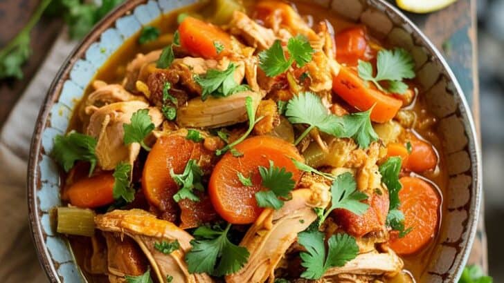 A photograph of a shallow, earthenware bowl overflowing with Slow Cooker Moroccan Chicken Stew, a vibrant culinary scene viewed from directly above. The stew features tender shredded chicken interspersed with bright orange carrots, crisp celery, and plump dried apricots submerged in a rich, aromatic, reddish-brown sauce. Scattered across the top are sprigs of freshly chopped cilantro, and a small mound of fluffy couscous rests beside the bowl on a weathered rustic wooden table, alongside a bright yellow lemon wedge. Soft, diffused natural light illuminates the scene, creating a warm and inviting atmosphere.