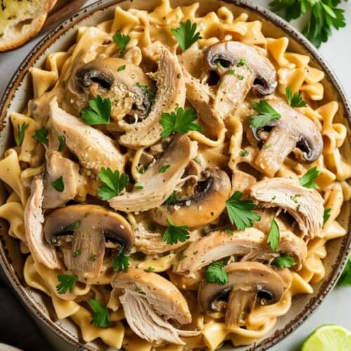A top-view shallow ceramic bowl filled with slow cooker mushroom stroganoff pasta. The egg noodles are coated in a creamy sauce with shredded chicken and mushrooms. The dish is topped with fresh parsley and a sprinkle of Parmesan cheese. The bowl sits on a marble kitchen table with a side of garlic bread and lime wedges. The meal has a warm, homemade, and comforting atmosphere.