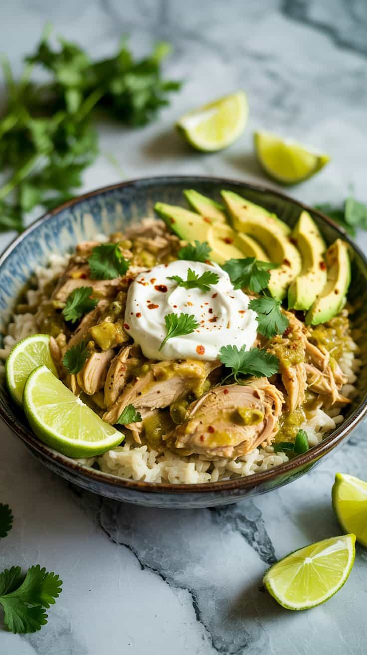 A photograph of a rustic ceramic bowl brimming with vibrant slow cooker salsa verde chicken. The shredded chicken is generously coated in a bright green sauce and adorned with freshly chopped cilantro and a swirl of creamy sour cream, resting on a bed of fluffy white rice. Several lime wedges and thinly sliced avocado fan out across the bowl, accompanied by a sprinkle of red chili flakes, all presented on a cool gray marble kitchen countertop. Soft, diffused natural light illuminates the dish, casting gentle shadows and highlighting the textures of the ingredients.