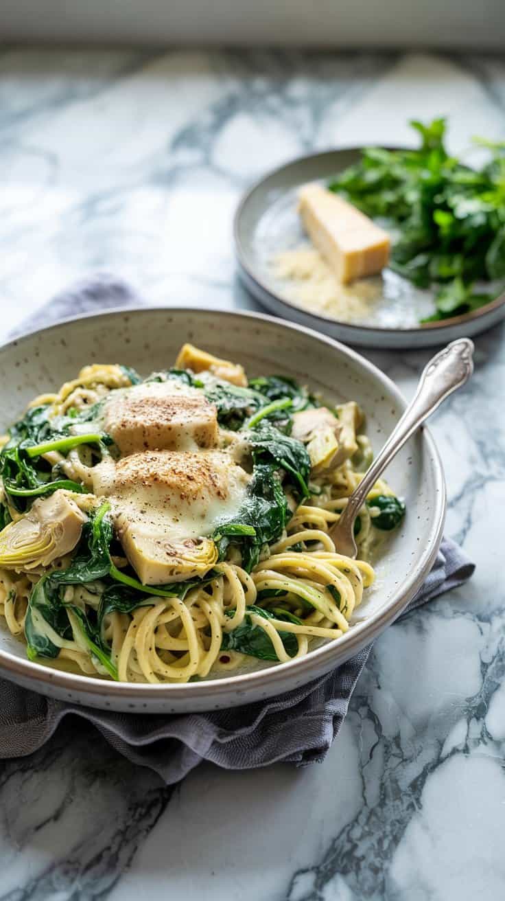 A photograph of a white ceramic bowl filled with creamy spinach artichoke pasta resting on a cool, grey marble countertop. The pasta is generously dotted with tender artichoke hearts and wilted spinach, blanketed with a layer of melted mozzarella and a generous sprinkle of cracked black pepper. A silver fork rests casually within the bowl, accompanied by a small pile of grated Parmesan cheese and a few vibrant sprigs of fresh parsley on a side plate. Soft, diffused natural light illuminates the scene, creating subtle highlights on the marble and showcasing the dish's rich texture.