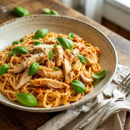 A photograph of a wide, shallow white ceramic bowl overflowing with creamy pasta and tender shredded chicken. The pasta is coated in a rich, vibrant tomato-based sauce, generously sprinkled with freshly grated Parmesan cheese and vibrant chopped basil leaves, nestled on a rustic wood grain table. A neatly folded linen napkin in a soft cream color lies beside the bowl, with a stainless-steel fork resting off to the side. Soft, natural light gently illuminates the scene, casting subtle shadows and highlighting the texture of the pasta and sauce.