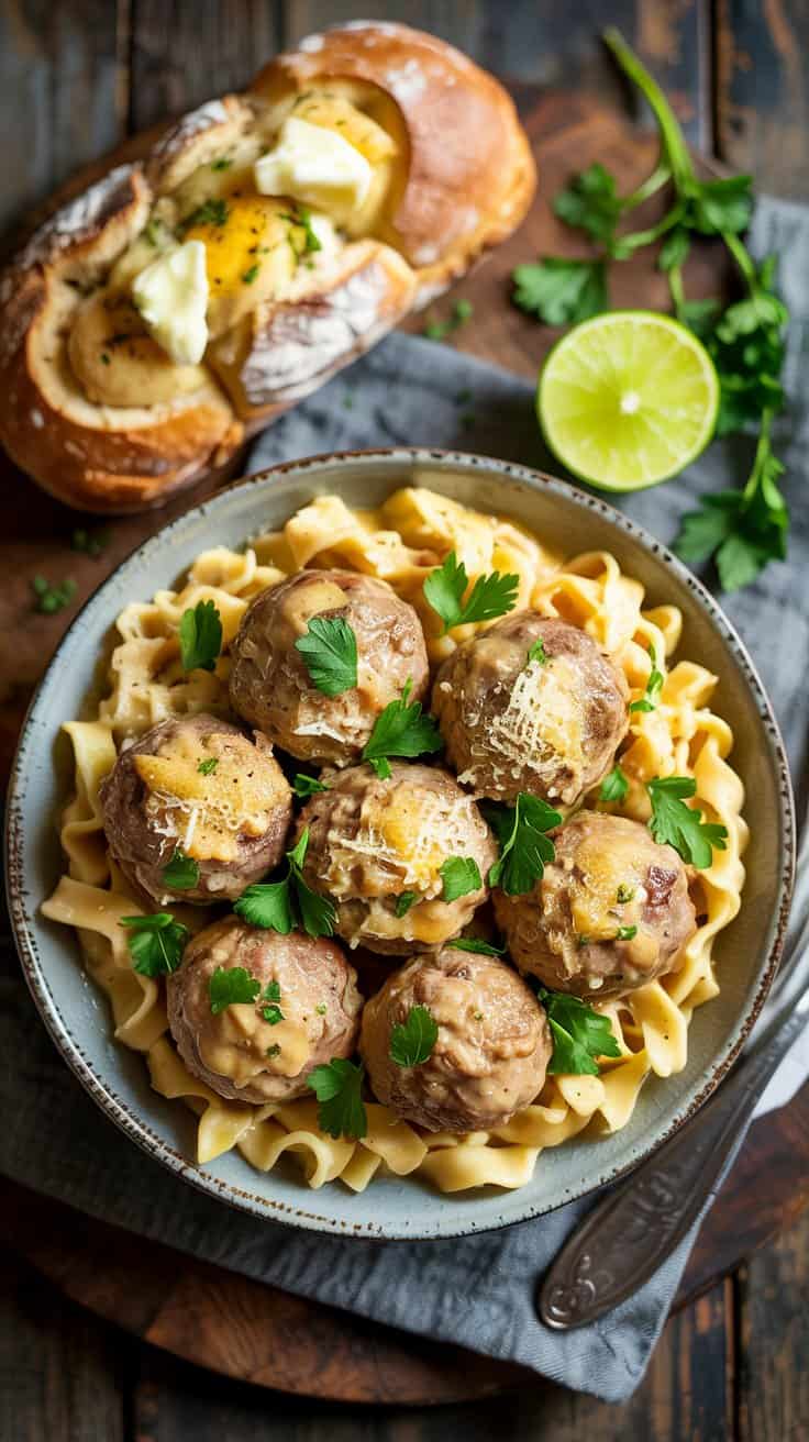 A photograph of a shallow, handmade ceramic bowl filled with slow cooker Swedish meatballs, viewed from directly above. The meatballs are nestled amongst a bed of golden egg noodles and coated in a rich, creamy sauce generously sprinkled with freshly grated Parmesan cheese and vibrant green parsley. Beside the bowl rests a rustic loaf of garlic bread with melted butter glistening on top, alongside a bright green lime wedge. Soft, natural light illuminates the scene, highlighting the textures of the food and the warm tones of the weathered wooden table.