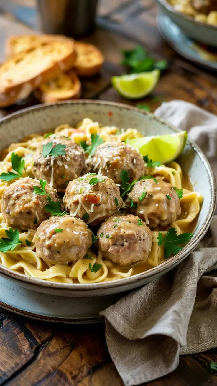 A photograph of a shallow, off-white ceramic bowl overflowing with slow cooker Swedish meatballs, bathed in a creamy gravy. The meatballs are generously sprinkled with freshly grated Parmesan cheese and vibrant green parsley, sitting atop a bed of perfectly cooked egg noodles. The bowl rests on a worn, rustic wooden table accompanied by a golden-brown garlic bread stick and a bright green lime wedge for garnish, illuminated by soft, warm kitchen lighting. A linen napkin is casually draped nearby, enhancing the comforting, home-style atmosphere.