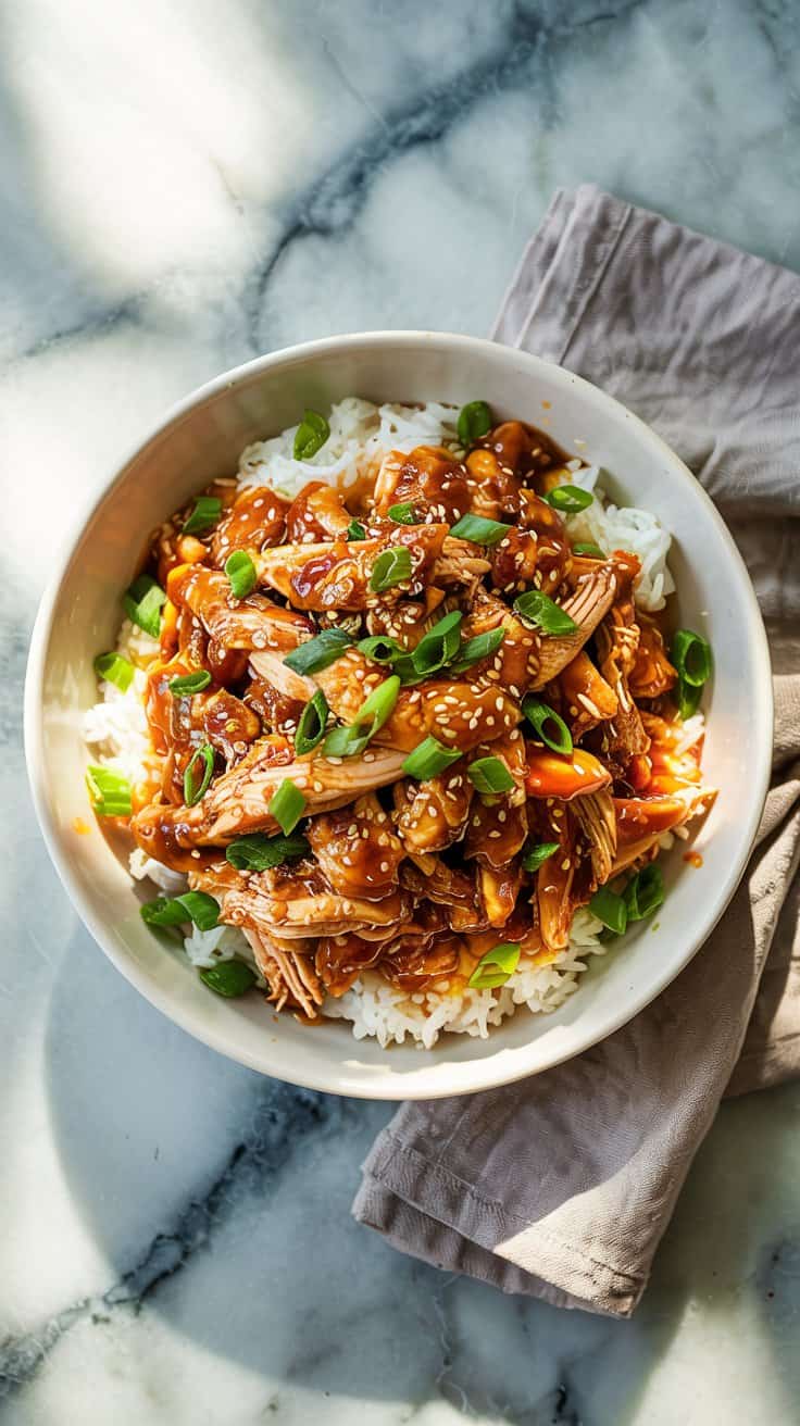 A photograph showcasing a top-down view of a vibrant dish featuring shredded chicken coated in a glistening sweet chili sauce, generously sprinkled with toasted sesame seeds and freshly chopped green onions. The chicken, arranged artfully within a pristine white ceramic bowl, sits elegantly on a cool, grey marble countertop, ready to be paired with fluffy steamed rice. Soft, diffused natural light illuminates the scene, highlighting the rich colors of the dish and casting subtle reflections on the marble surface, while a neatly folded linen napkin rests nearby. The overall presentation evokes a sense of deliciousness and culinary artistry.