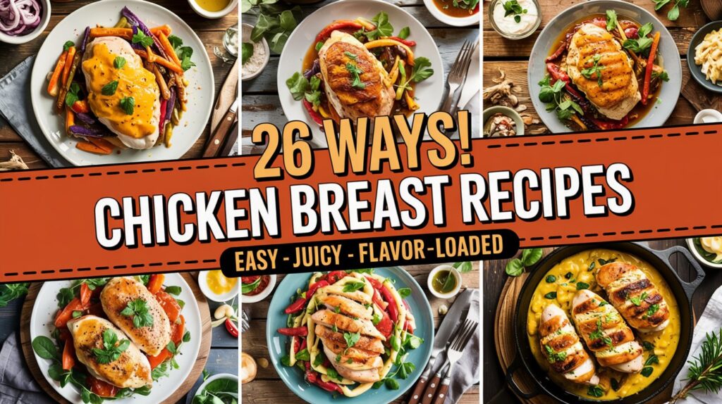 A professional food photography collage showcasing 6 different chicken breast recipes arranged in a 2x3 grid format. The image has a dark wooden table background with various garnishes and accompaniments scattered around. The center of the image has a rust-colored banner with white text reading 