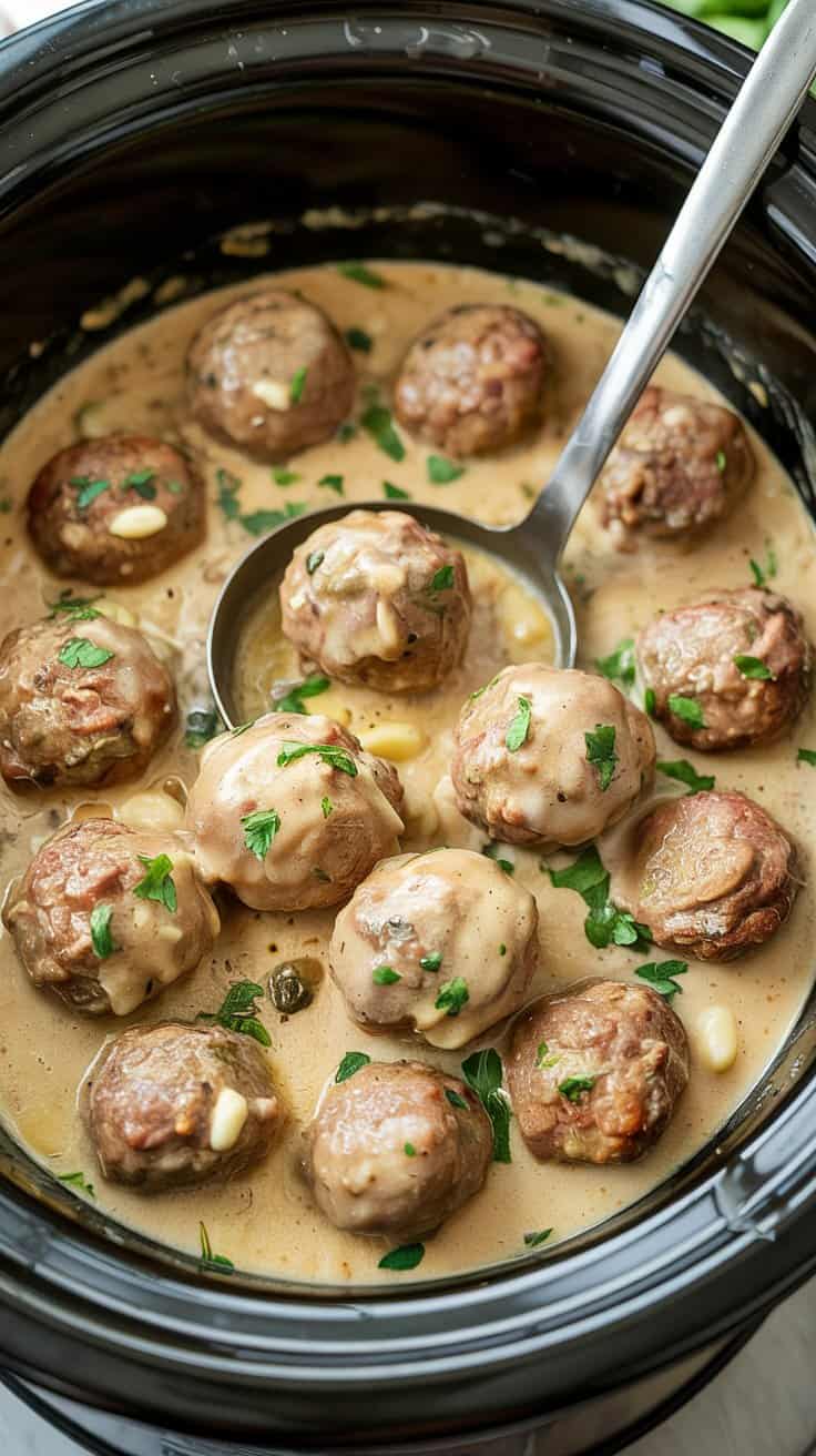 A photo of meatballs simmering in a creamy Alfredo sauce in a slow cooker. The sauce is bubbling gently, and minced garlic and herbs are visible throughout. A ladle is resting to the side, ready for serving.