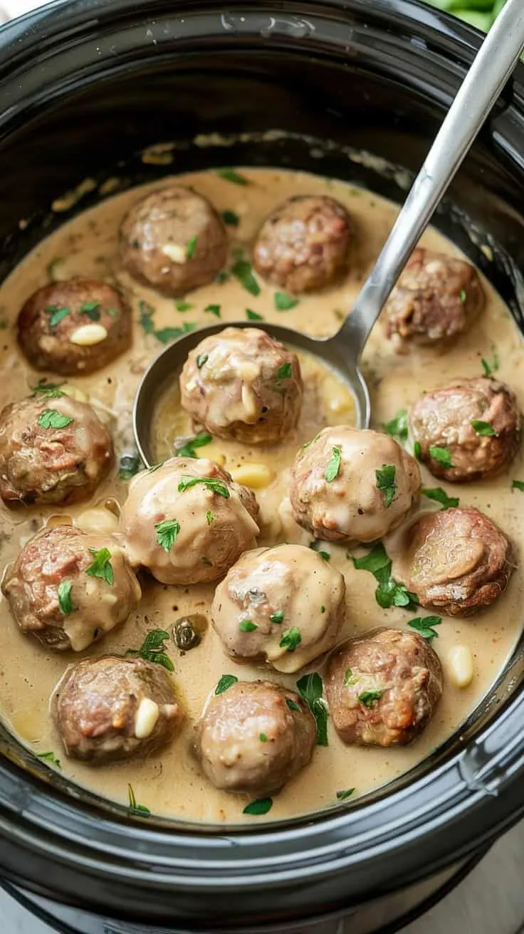 A photo of meatballs simmering in a creamy Alfredo sauce in a slow cooker. The sauce is bubbling gently, and minced garlic and herbs are visible throughout. A ladle is resting to the side, ready for serving.