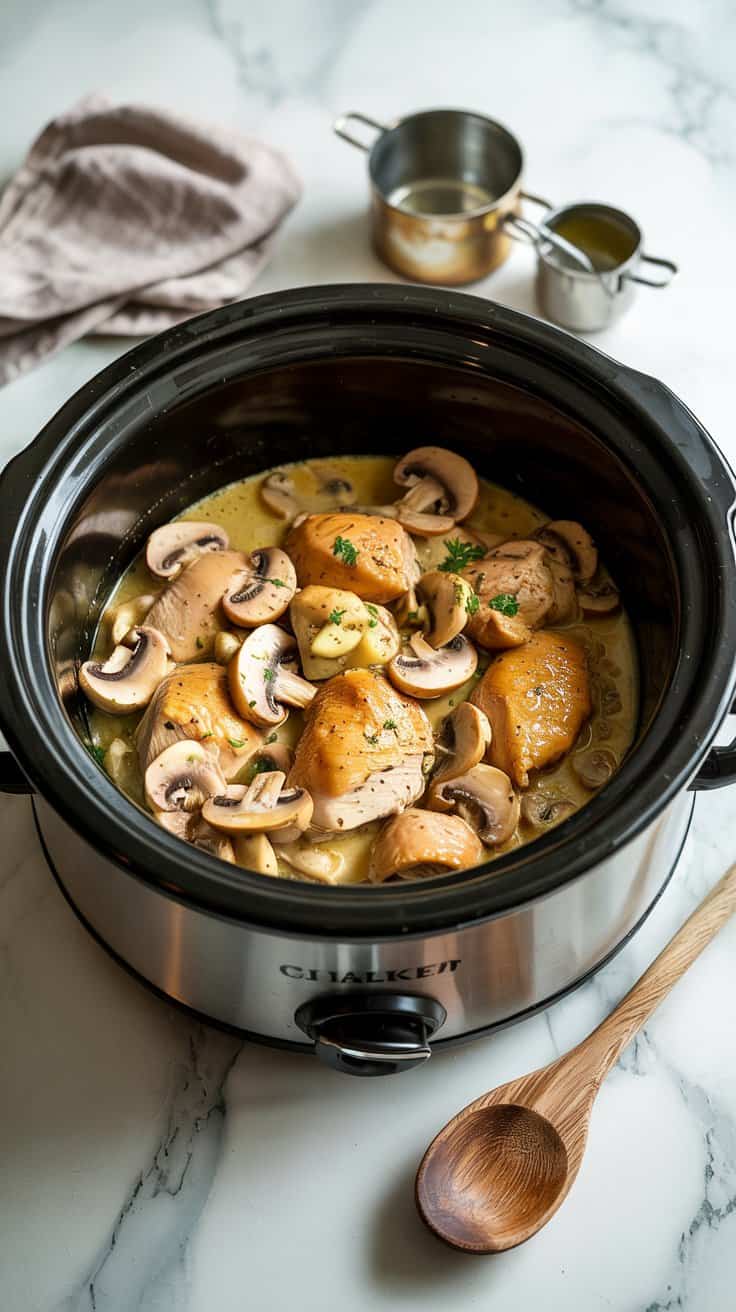 A photograph of a slow cooker positioned on a pristine white marble kitchen countertop, filled with the vibrant ingredients for a classic chicken Marsala sauce. Within the slow cooker, bite-sized pieces of golden-brown boneless chicken breasts mingle with sliced cremini mushrooms and minced garlic, bathed in a creamy mixture of sour cream and rich chicken broth. A weathered wooden spoon rests casually nearby, while the background subtly reveals a folded linen dish towel and a set of gleaming stainless steel measuring cups, all bathed in soft, diffused natural light creating a warm, inviting atmosphere. The scene evokes a sense of comforting home cooking and culinary delight.