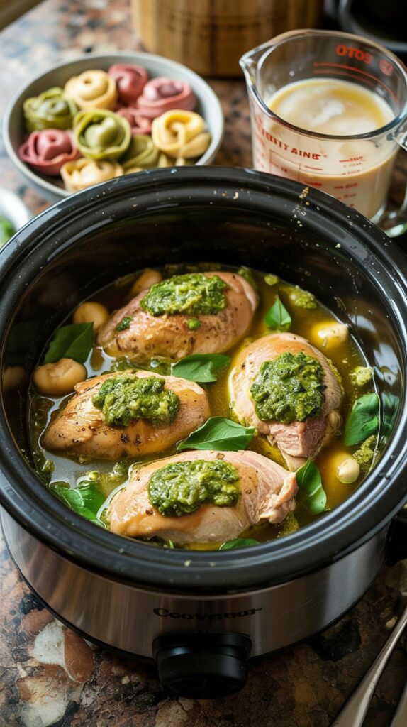 cooking Slow Cooker Chicken and Pesto Tortellini