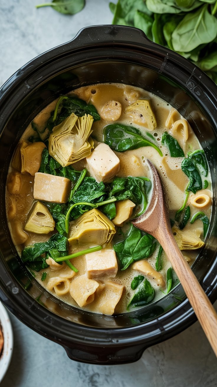 A photograph taken from a top-down perspective reveals an open slow cooker filled with bubbling pasta in a creamy, ivory-colored broth. Visible within the pot are vibrant green artichoke hearts, melting cubes of cream cheese, and freshly wilted spinach, all being gently stirred with a wooden spoon that rests across the rim. The thick, velvety sauce swirls around the ingredients, creating a comforting and inviting visual texture. Soft, diffused natural light illuminates the scene from above, highlighting the rich colors and capturing the essence of a hearty, home-cooked meal.