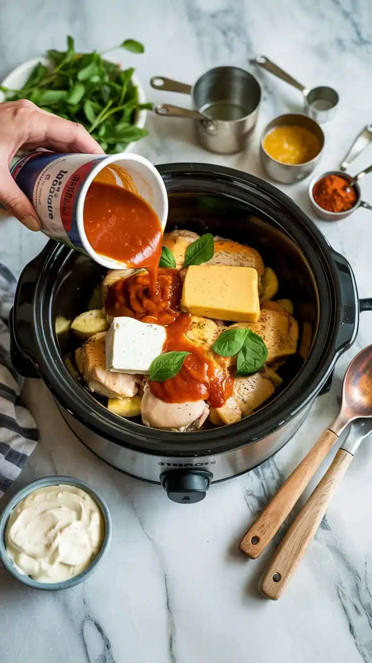 A photograph of a marble countertop displaying a slow cooker filled with chicken breasts, poised for a flavorful meal. A colorful assortment of ingredients—buffalo sauce, creamy ranch dressing, and a block of softened cream cheese—is being carefully poured over the chicken inside the slow cooker. Surrounding the slow cooker are neatly arranged cooking utensils like a rustic wooden spoon, stainless steel measuring cups, and a small bowl of vibrant spices, all contributing to a clean and inviting culinary workspace. Soft, diffused lighting gently illuminates the scene, enhancing the cool tones of the marble and the rich colors of the ingredients.