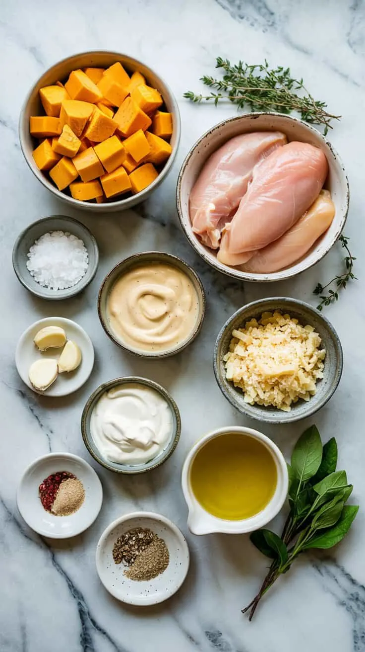 A photograph showcasing a meticulously arranged spread of ingredients for a slow cooker butternut squash Alfredo pasta on a gleaming white marble countertop. Nestled within small, rustic ceramic bowls are vibrant chunks of butternut squash, diced boneless, skinless chicken breasts, a swirl of heavy cream, freshly grated Parmesan cheese, and a dollop of sour cream alongside minced garlic and chicken broth. Sprinkled nearby are delicate bowls of sea salt, cracked black pepper, and sprigs of fresh thyme and oregano. Soft, diffused natural light gently illuminates the scene, highlighting the freshness and inviting warmth of the culinary display.
