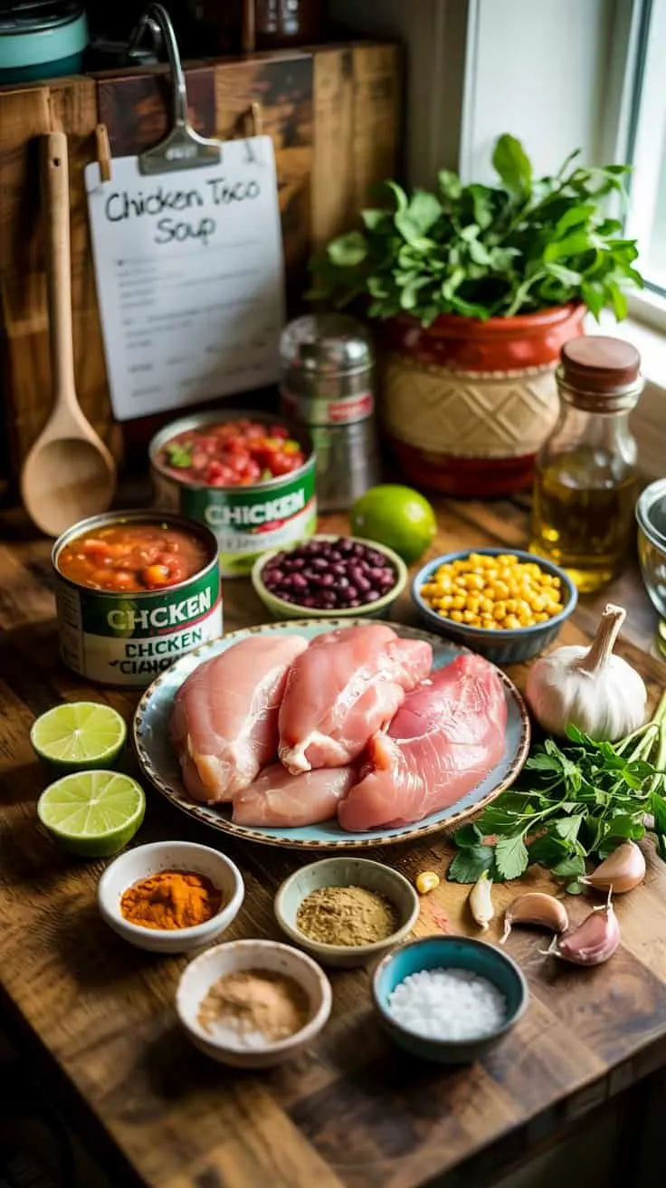 A photograph of a rustic wooden kitchen counter displaying the fresh ingredients for slow cooker chicken taco soup. At the center rests a pile of raw boneless, skinless chicken breasts alongside open cans of diced tomatoes, black beans, and kernels of corn, accented by roughly chopped onions and cloves of garlic, and a vibrant lime. Small ceramic bowls hold cumin, oregano, garlic powder, and sea salt, arranged neatly around the larger ingredients, while a wooden spoon and a recipe card featuring 