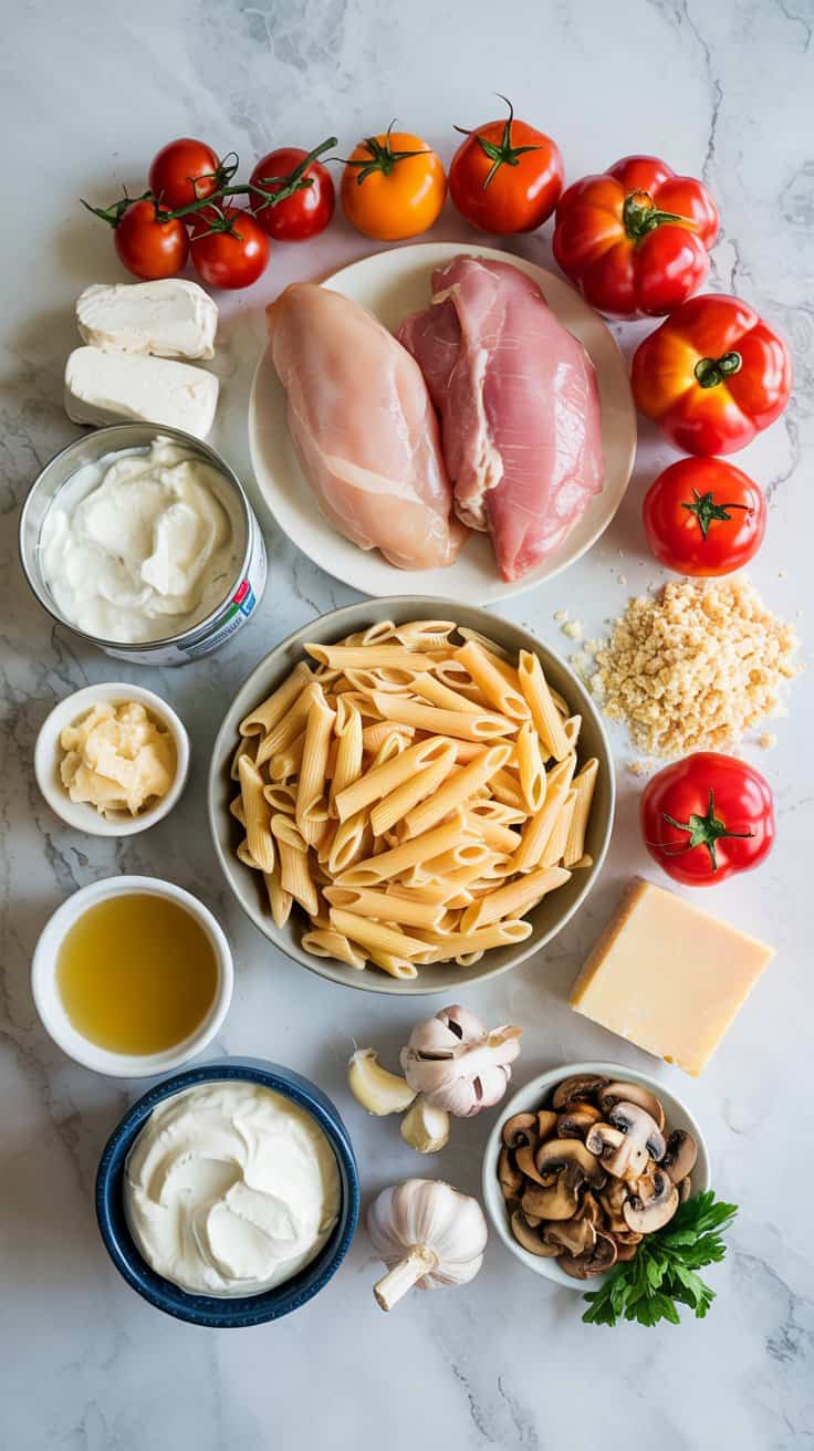 A photograph of a meticulously arranged display of ingredients for creamy tomato chicken pasta, captured from a direct top-down perspective on a pristine white marble kitchen countertop. Placed centrally are several boneless, skinless chicken breasts alongside vibrant red tomatoes, chunks of creamy white feta, and a generous sprinkling of grated Parmesan cheese, all neatly arranged around a bowl of cooked penne pasta. Around the pasta and chicken are open containers of sour cream, cream cheese, chicken broth, and sliced garlic cloves and sauteed mushrooms; soft, diffused natural light illuminates the scene, highlighting the freshness and textures of each ingredient. The marble countertop provides a cool and elegant backdrop, creating a visually appealing and inviting composition.