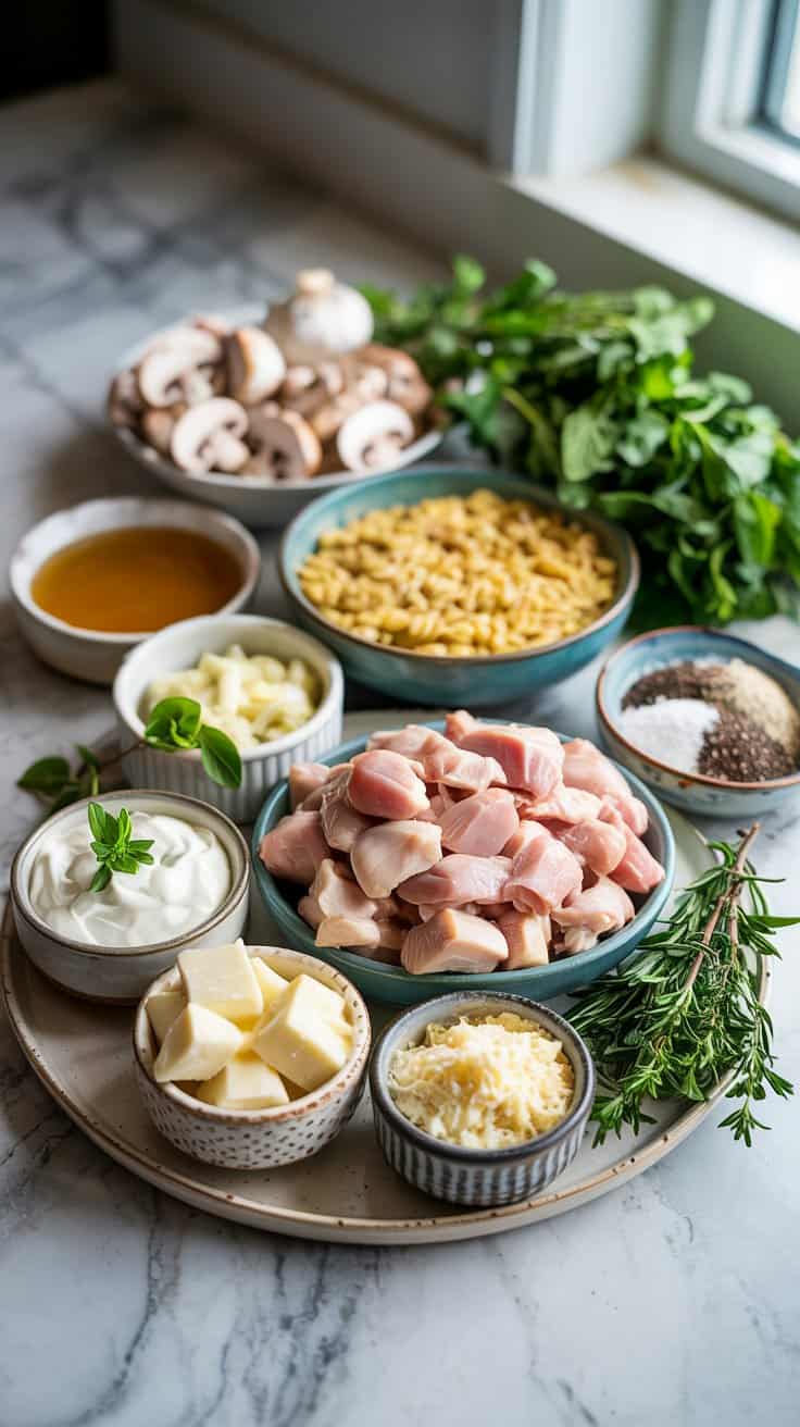 A photograph of a meticulously arranged assortment of ingredients for slow cooker Greek chicken orzo on a cool-toned white marble kitchen countertop. A pile of cubed boneless skinless chicken breasts sits alongside small ceramic bowls containing creamy sour cream, cubed cream cheese, and grated Parmesan cheese, with a sprig of fresh oregano placed artfully on top. Surrounding these are small bowls filled with chopped garlic, sliced mushrooms, chicken broth, orzo pasta, salt, black pepper, and vibrant fresh herbs like rosemary and thyme, illuminated by soft, diffused natural light streaming in from a nearby window. The composition emphasizes the freshness and vibrancy of the ingredients, creating an inviting and wholesome culinary scene.