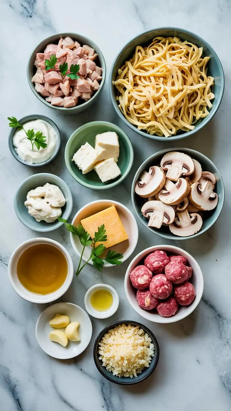 A photograph of a meticulously arranged collection of ingredients for slow cooker Swedish meatballs displayed on a cool, white marble countertop. In small ceramic bowls, the ingredients include finely diced chicken, a dollop of creamy sour cream, cubes of cream cheese, rich beef broth, minced garlic, sliced cremini mushrooms, fluffy egg noodles, and grated Parmesan cheese, all artfully placed. Soft, diffused natural light illuminates the scene, highlighting the freshness and vibrant colors of the ingredients while a sprig of fresh parsley sits atop the Parmesan bowl. The countertop reflects the gentle light, creating subtle highlights and a clean, inviting aesthetic.