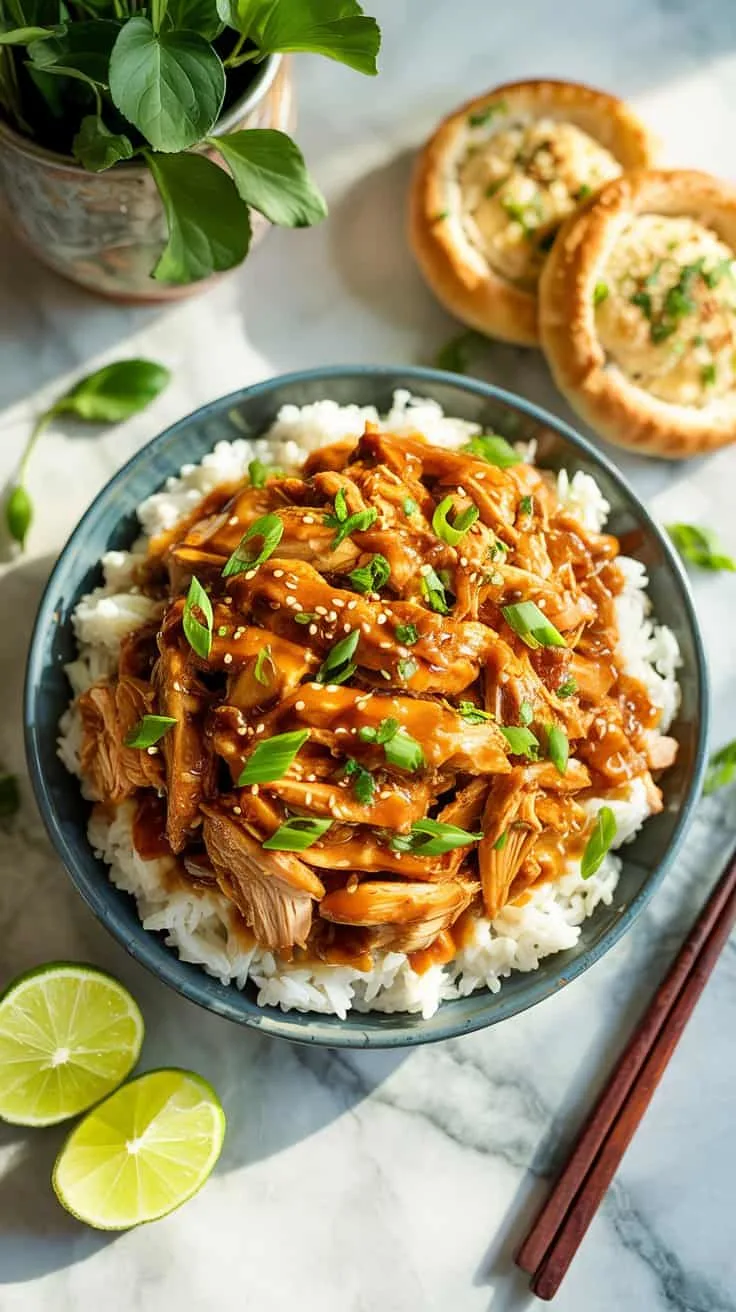 A photograph of a top-down view showcasing slow cooker teriyaki chicken served over fluffy steamed rice on a pristine white marble kitchen countertop. The shredded chicken glistens under warm light, generously coated in a rich, creamy teriyaki sauce, and garnished with vibrant green onions and toasted sesame seeds. Arranged artfully around the rice are lime wedges and a golden-brown garlic breadstick, while soft morning light streams in from a nearby window, illuminating the scene. The composition creates an inviting and delectable presentation, highlighting the vibrant colors and textures of the dish.