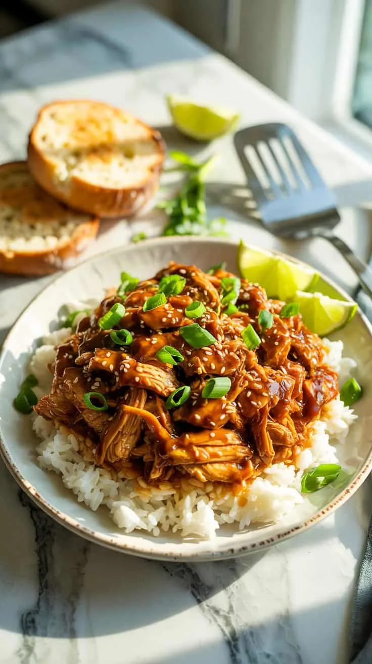 A photograph of slow cooker teriyaki chicken served over fluffy steamed rice on a gleaming white marble kitchen countertop. The shredded chicken is generously coated in a rich, glossy sauce and sprinkled with vibrant green onions and toasted sesame seeds, arranged artfully on a white ceramic plate. Beside the plate sits a golden-brown slice of garlic bread, accompanied by a few bright lime wedges and soft sunlight gently illuminates the scene, highlighting the textures and colors of the meal. A stainless steel spatula rests casually nearby, suggesting a comforting and freshly prepared home-cooked meal.